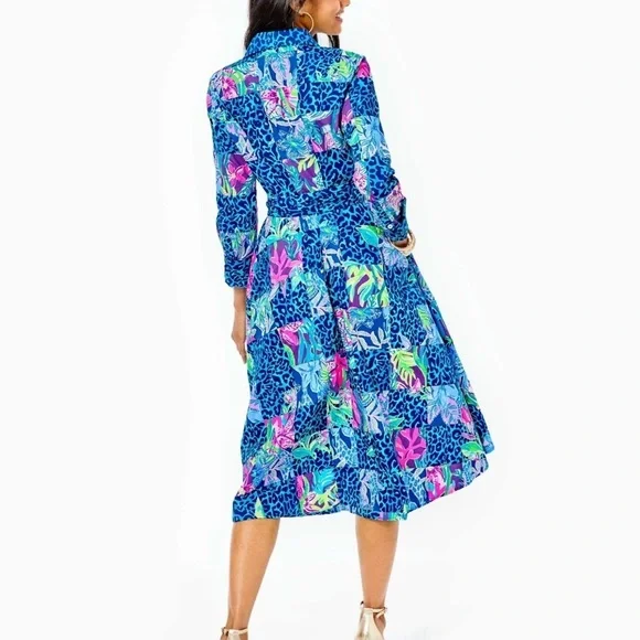 Lilly Pulitzer Vibrant Blue and Pink Long Sleeve Dress midi anniversary 16 rare - Picture 2 of 13
